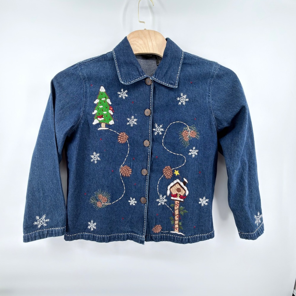 Vintage NorthCrest Denim Jacket Womens XL Christmas Embroidered Tree Cardinal